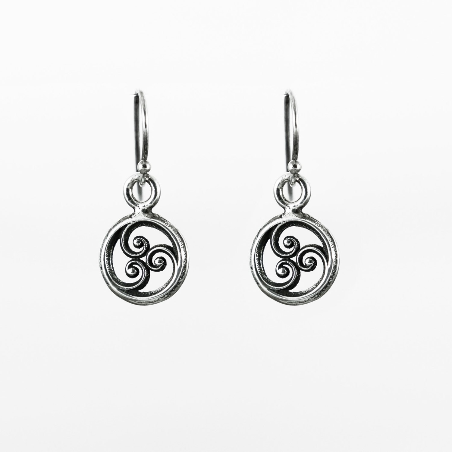Sterling silver round drop earring with Triple Swirl motif, double ...